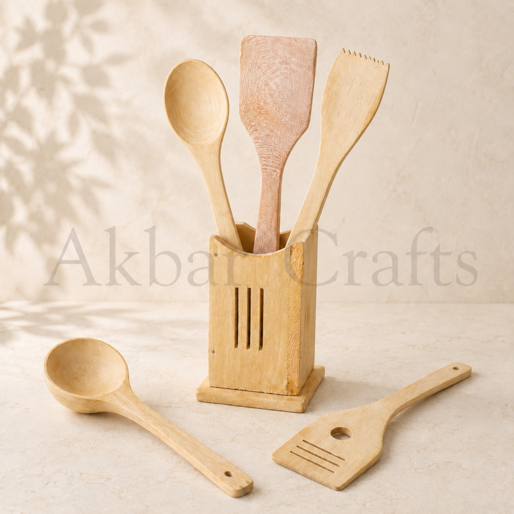 5-piece China wood cooking spoons set with matching holder