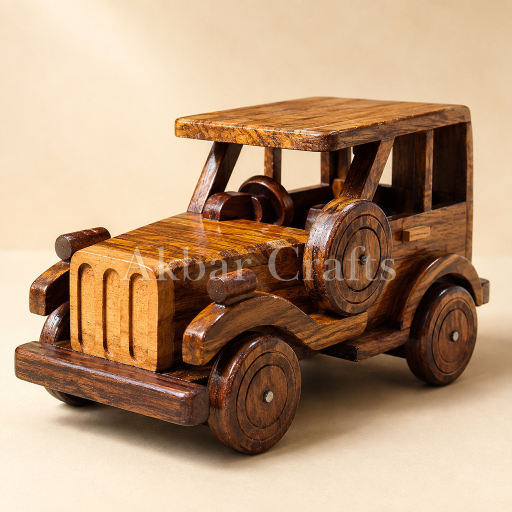 Vintage wooden Jeep model showing front grille and side-mounted spare wheel