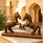 Handcrafted Wooden Twin Rearing Horses Sculpture