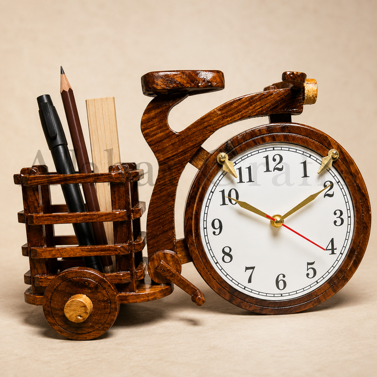Vintage Wooden Bicycle Desk Clock with Pen Holder - Image 2