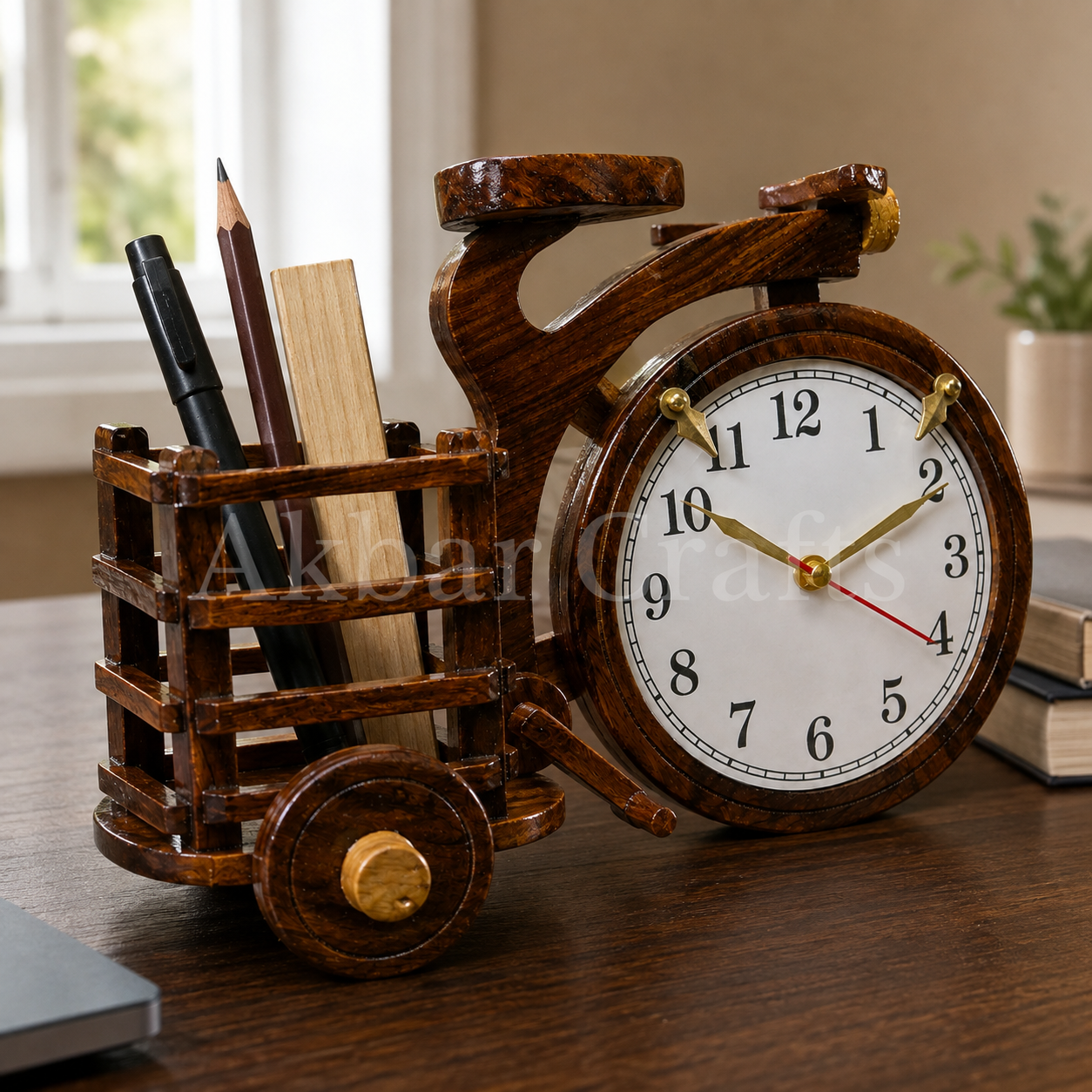 Vintage Wooden Bicycle Desk Clock with Pen Holder - Image 3