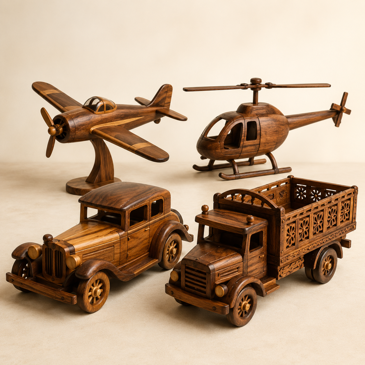Handcrafted wooden car, truck, airplane and helicopter