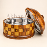 Open wooden hotpot with steel inner bowl and decorative brass work
