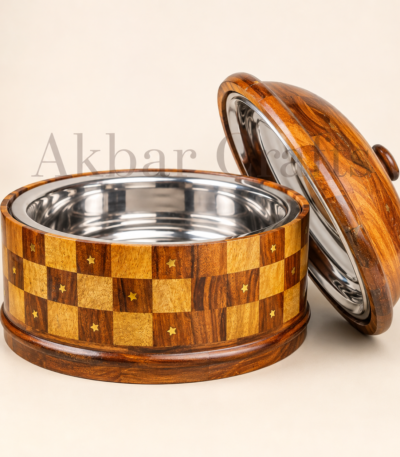 Open wooden hotpot with steel inner bowl and decorative brass work