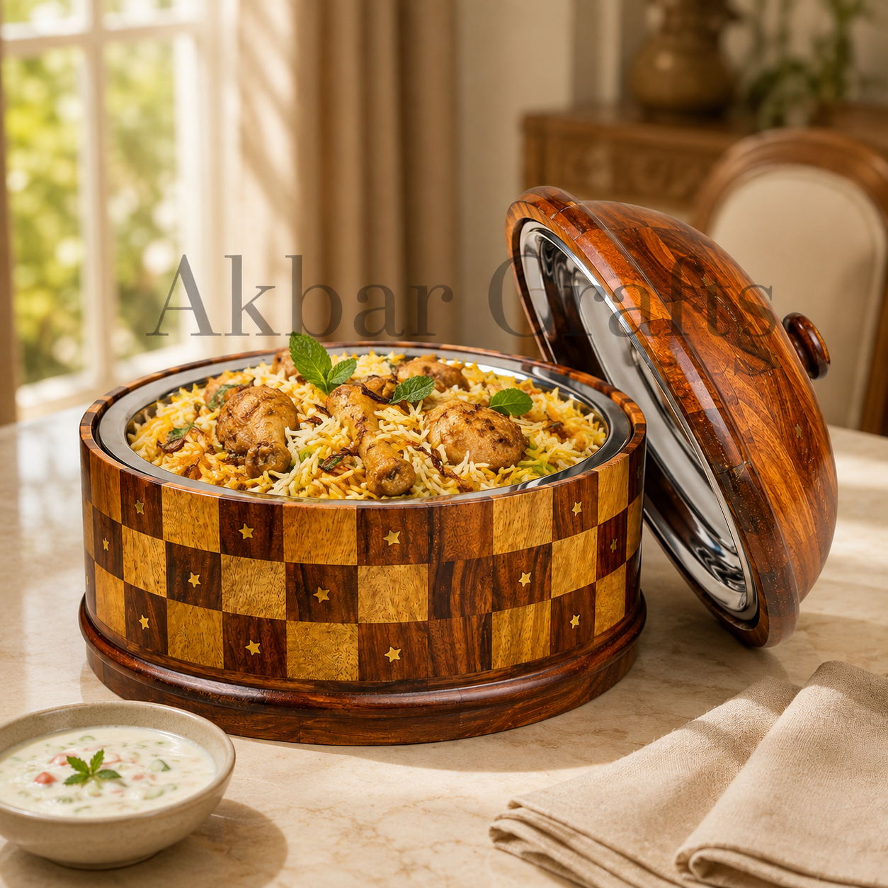 Wooden hotpot with steel inner bowl serving chicken biryani