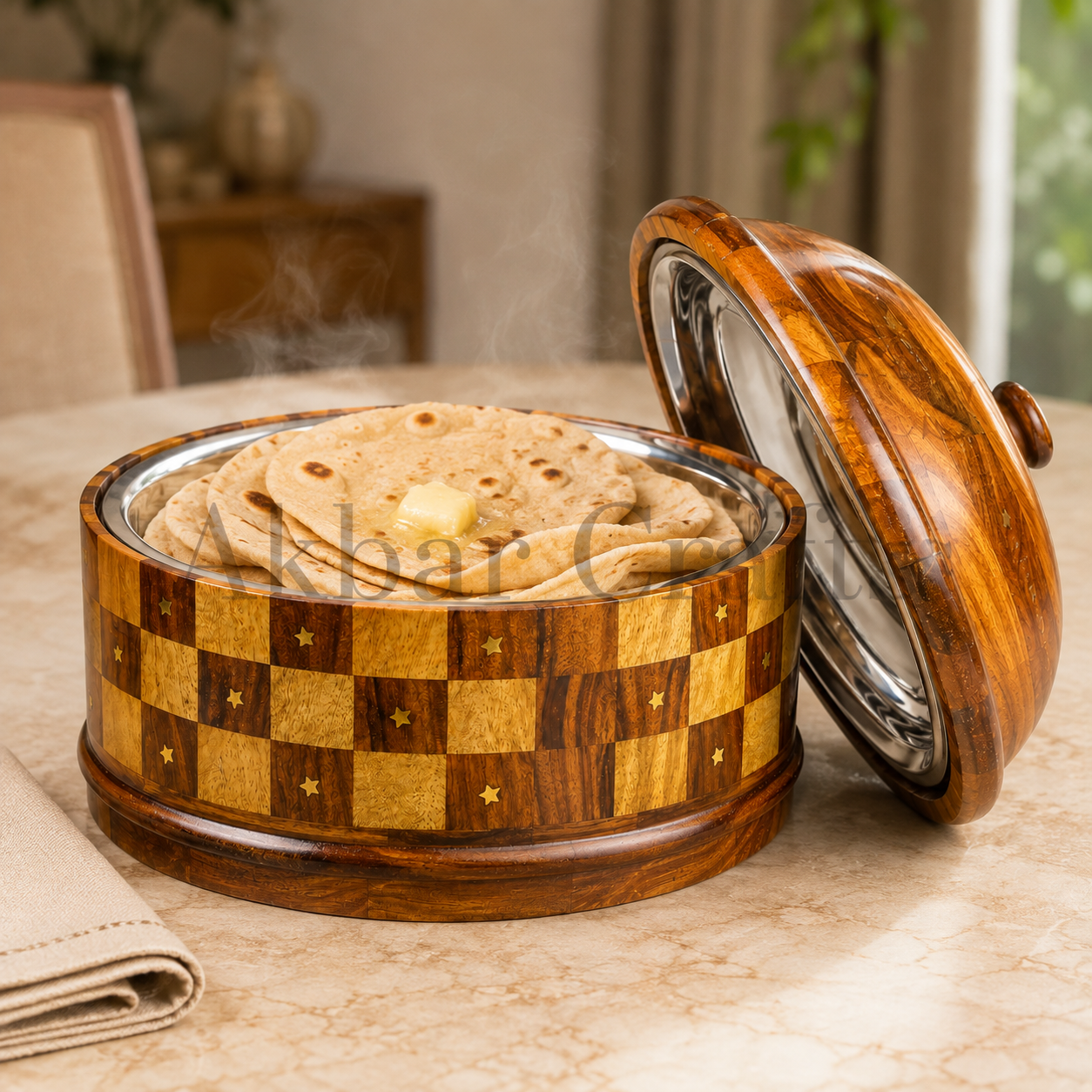 Handcrafted wooden hotpot with steel bowl serving chapati