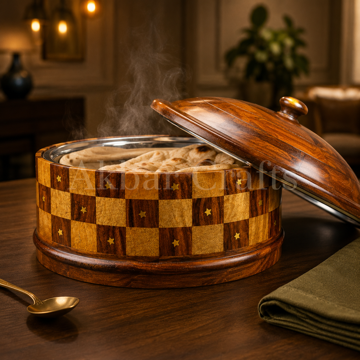 Wooden hotpot with steel bowl serving warm roti on dining table